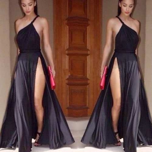 50% OFF, Sexy Backless Oblique Shoulder High Slit Floor-Length Sling Dress, $24.99, Free Shipping by Onfancy.com